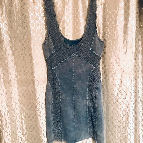 Free People BodyCon Tank Dress Blue/Grey w/ Lace Inlay Stone Wash Cotton/Spandex - Picture 9 of 14